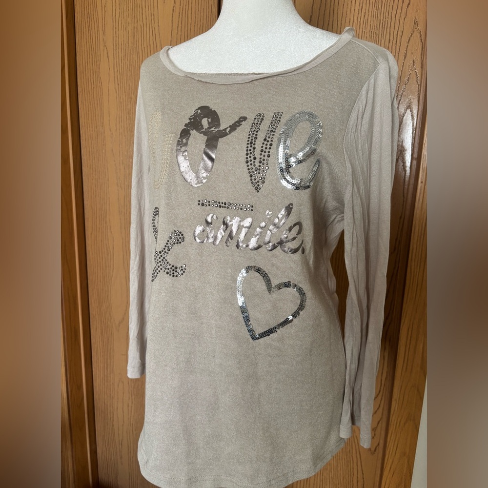 NWOT, VENUS Long Sleeve Organza Trim Oatmeal Crewneck Top, size M